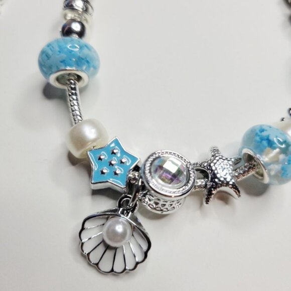 NWT Pandora Style Charm Bracelet Enameled Star Turtle Shells Pearl Silver Blue - Picture 2 of 6